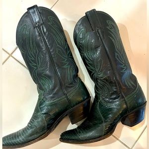 Justin Woman's Western Boots -Size 6  Black w/Green Stitching- 11" H Pointed toe
